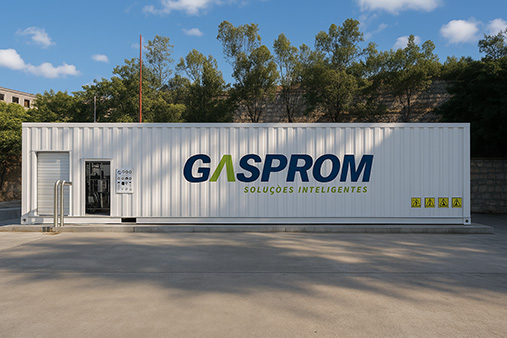 Posto de Abastecimento de GNL em Skid da Gasprom instalada em um pátio industrial, pronta para operação
