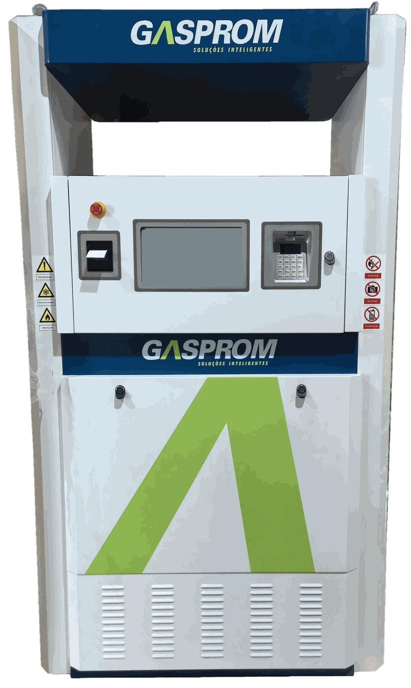 Dispenser de GNL branco com grafismo da marca Gasprom