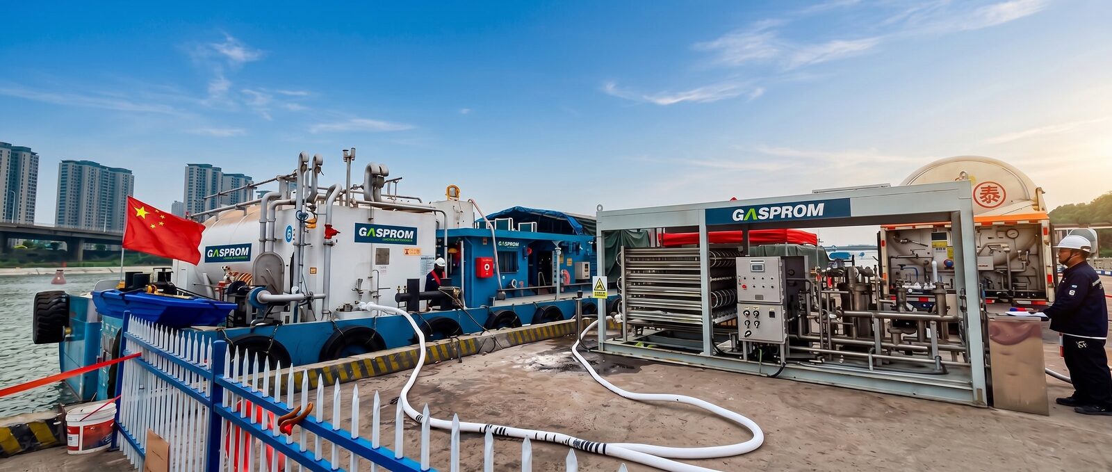 Estação de bunkering de GNL Gasprom instalada no cais, abastecendo embarcação atracada por mangueira criogênica
