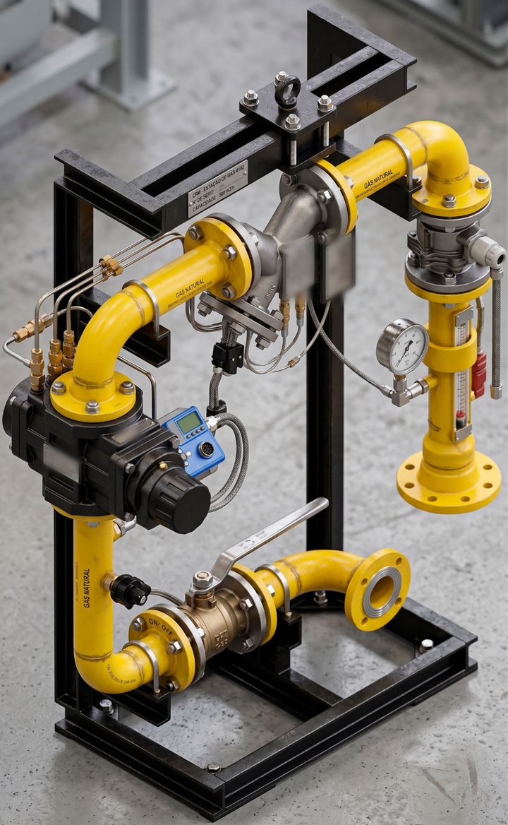 Conjunto de medição de gás natural Gasprom montado em skid, com medidor de vazão, corretor eletrônico e válvulas de bloqueio